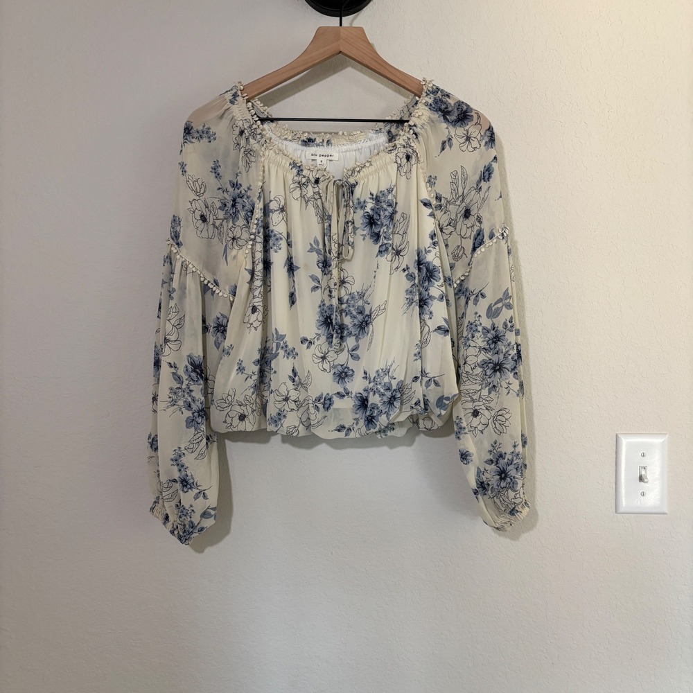 Blu Pepper Blouse Floral Peasant Small Polyester Blue Cream Boho Cottagecore